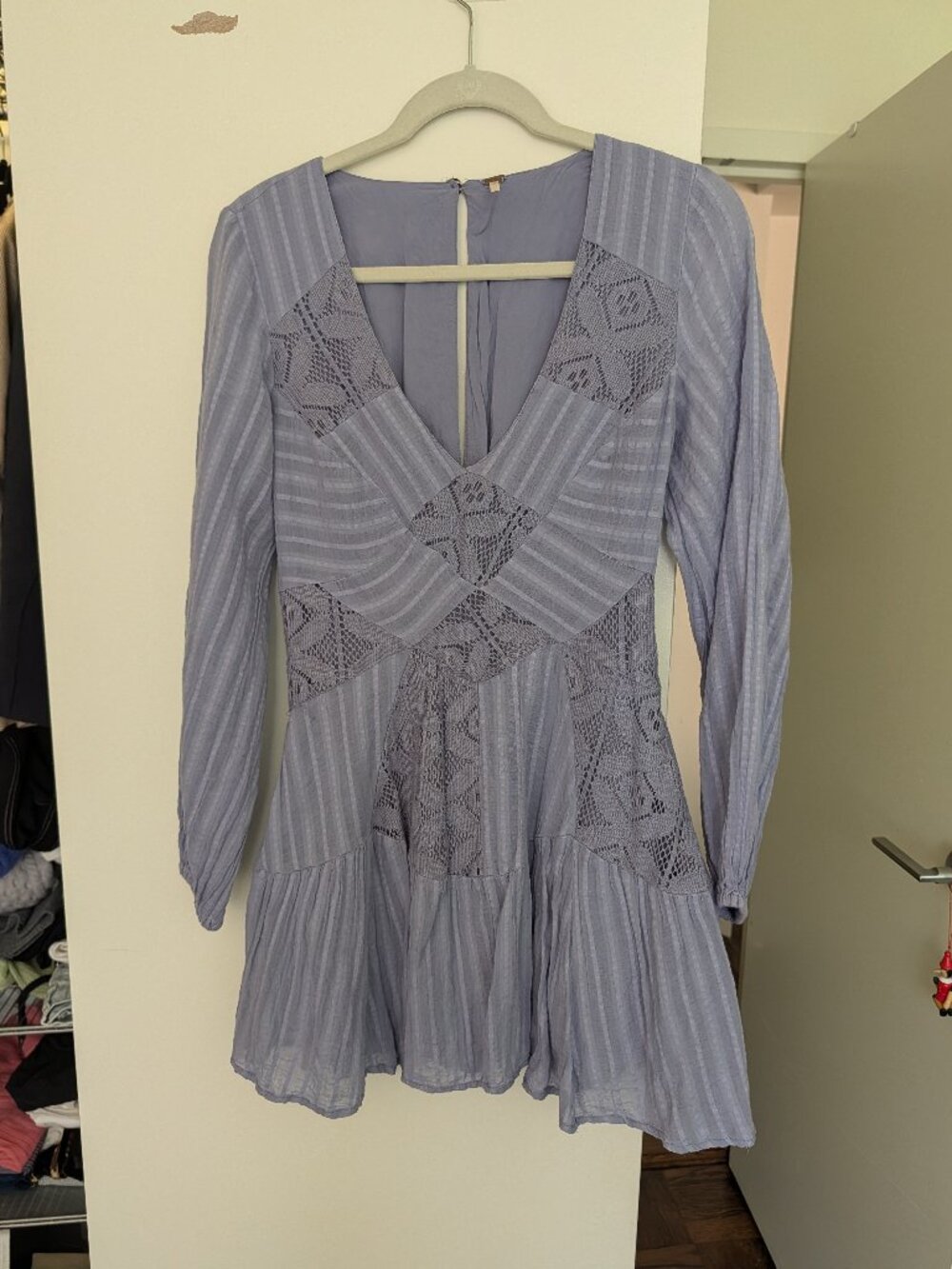 Free People Lavender Lace Inset Mini Dress Balloon Sleeve Size S